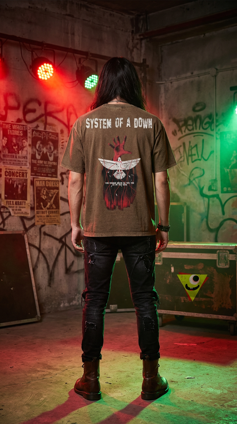 Persona con capelli lunghi vista da dietro indossa maglietta System of a Down in ambiente grunge con luci rosse e verdi e graffiti