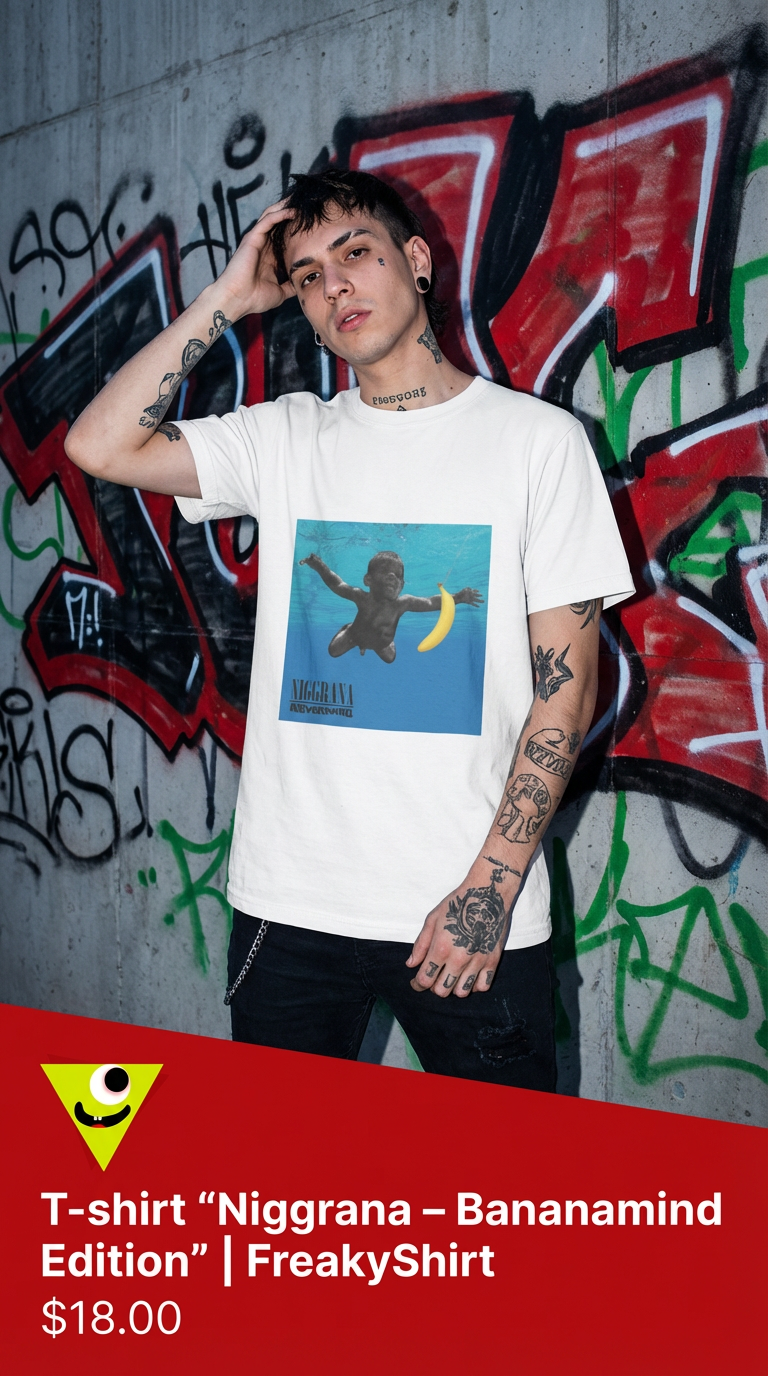 Giovane uomo tatuato con t-shirt bianca 'Niggrana Bananamind Edition' davanti a muro con graffiti colorati