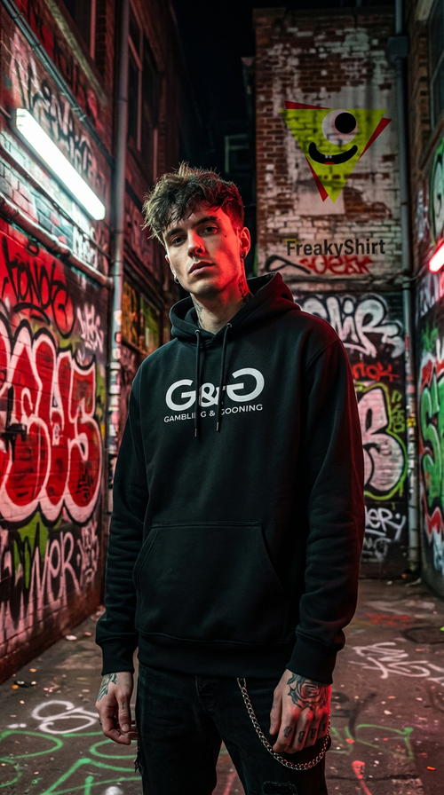 Giovane uomo con tatuaggi in felpa nera G&G in vicolo urbano graffiti di notte