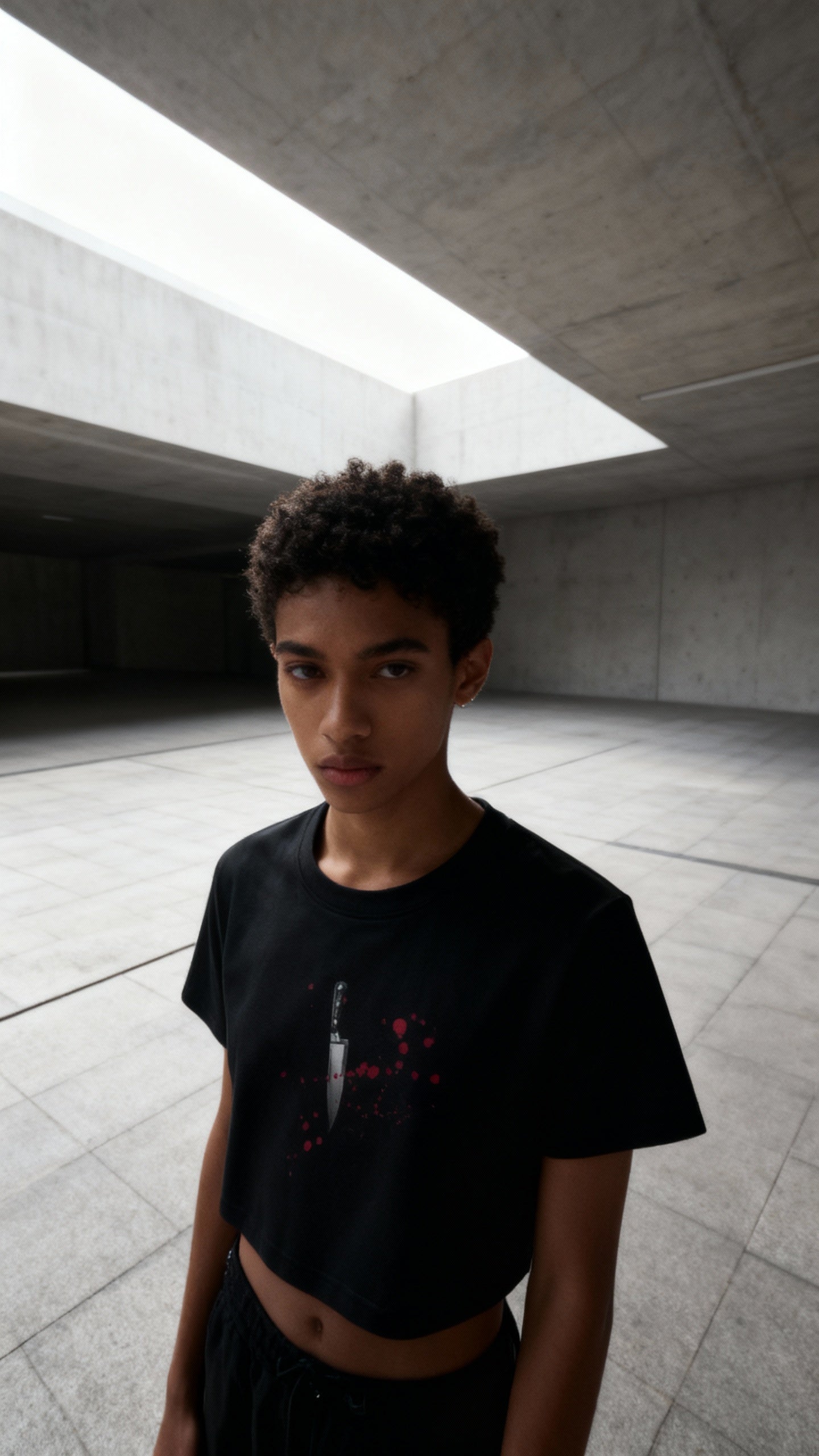 Ragazzo con capelli ricci corti indossa t-shirt crop nera con stampa coltello e macchie rosse in spazio industriale grigio