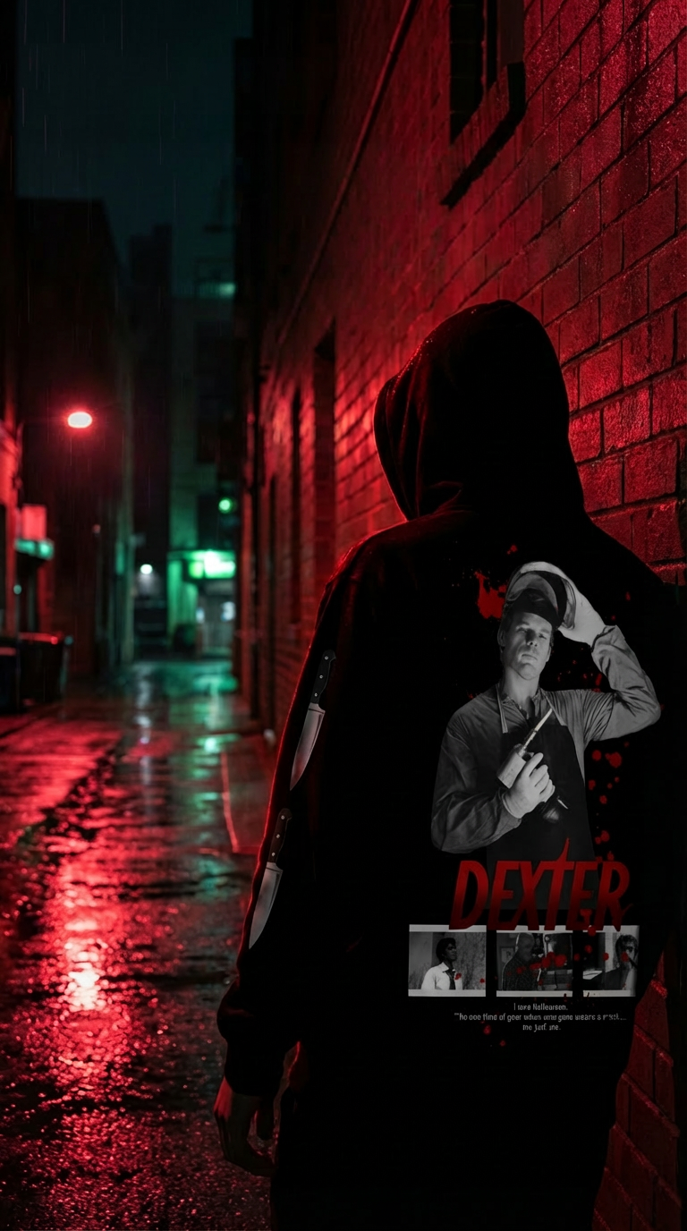 Persona con felpa Dexter in un vicolo piovoso di notte illuminato da luci rosse e verdi con coltelli su manica e retro