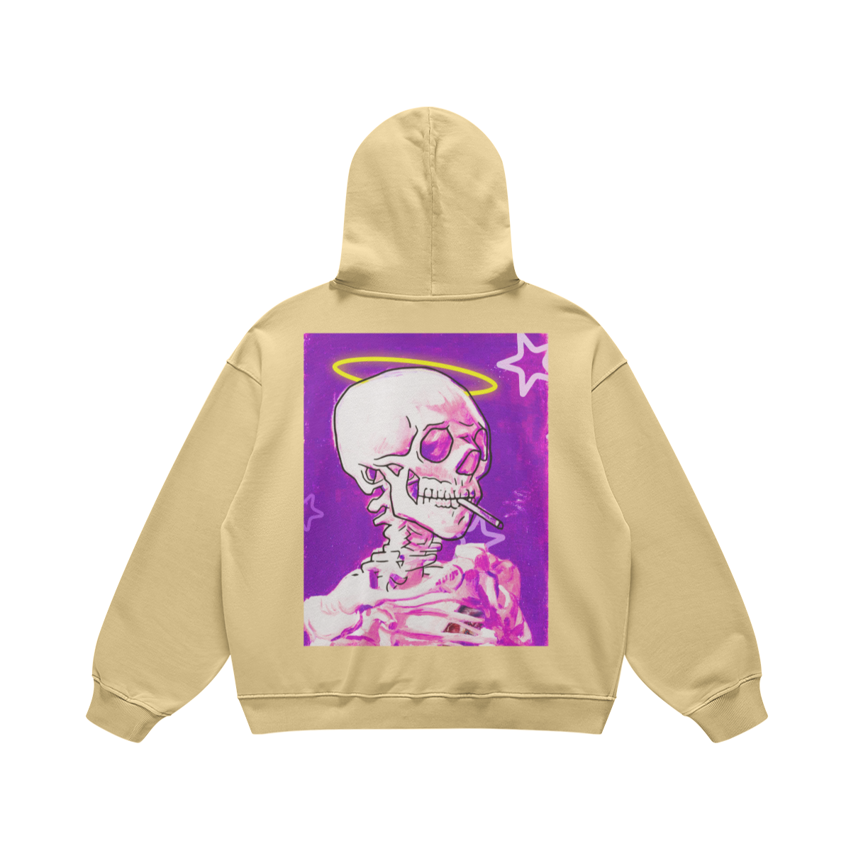 Felpa beige con cappuccio e stampa posteriore di uno scheletro rosa con alone giallo su sfondo viola con stelle