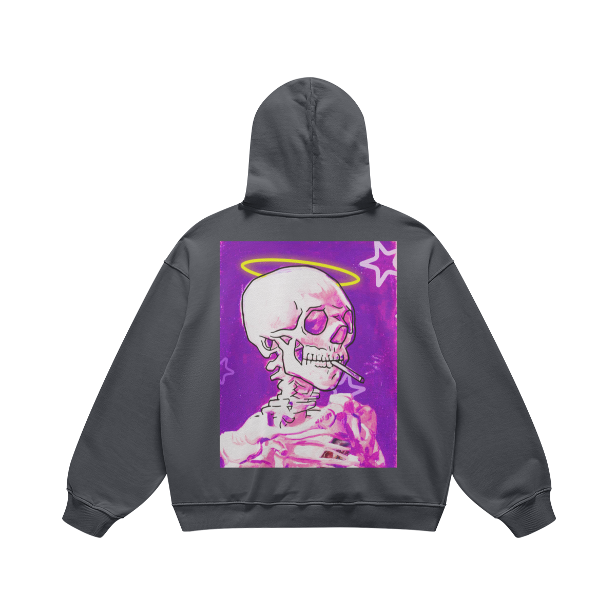 Felpa con cappuccio grigia con stampa scheletro che fuma su sfondo viola con aloni gialli e stelle