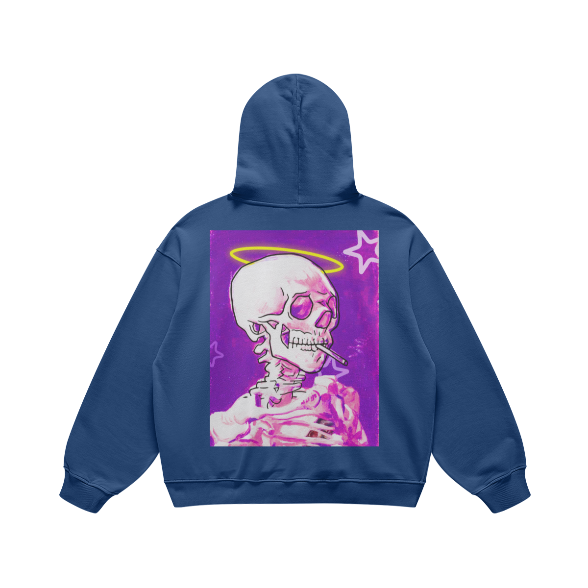 Felpa blu con cappuccio e stampa di teschio con aureola gialla e sigaretta su sfondo viola con stelle
