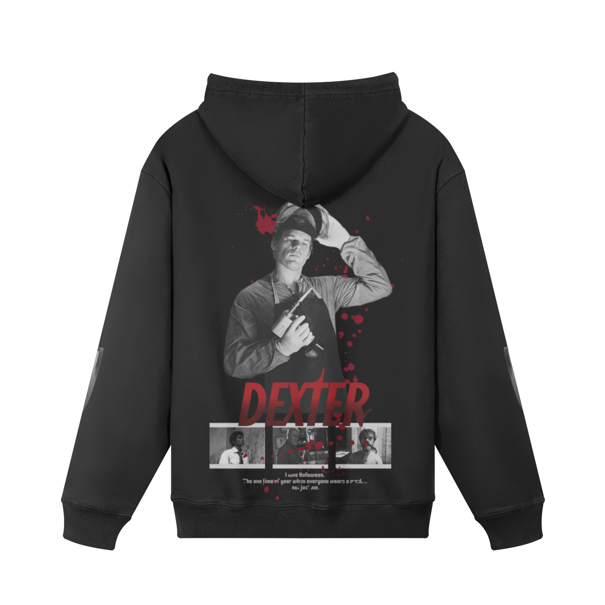 Felpa nera con cappuccio stampata sul retro con immagini e scritta Dexter, tema Halloween e splatter