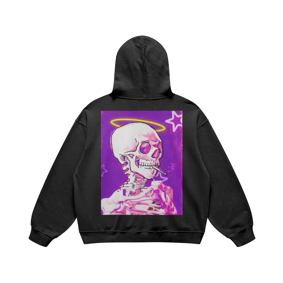 Felpa nera con cappuccio e stampa di uno scheletro con alito al neon giallo su sfondo viola con stelle