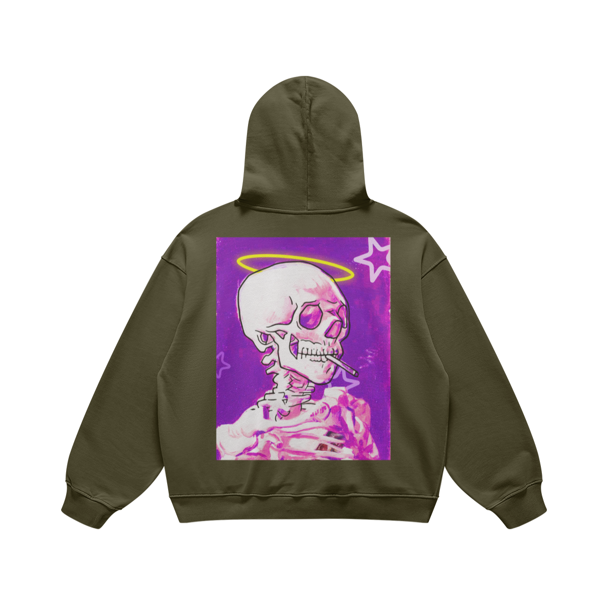 Felpa con cappuccio verde oliva con grafica dietro di uno scheletro con alito e alone giallo su sfondo viola