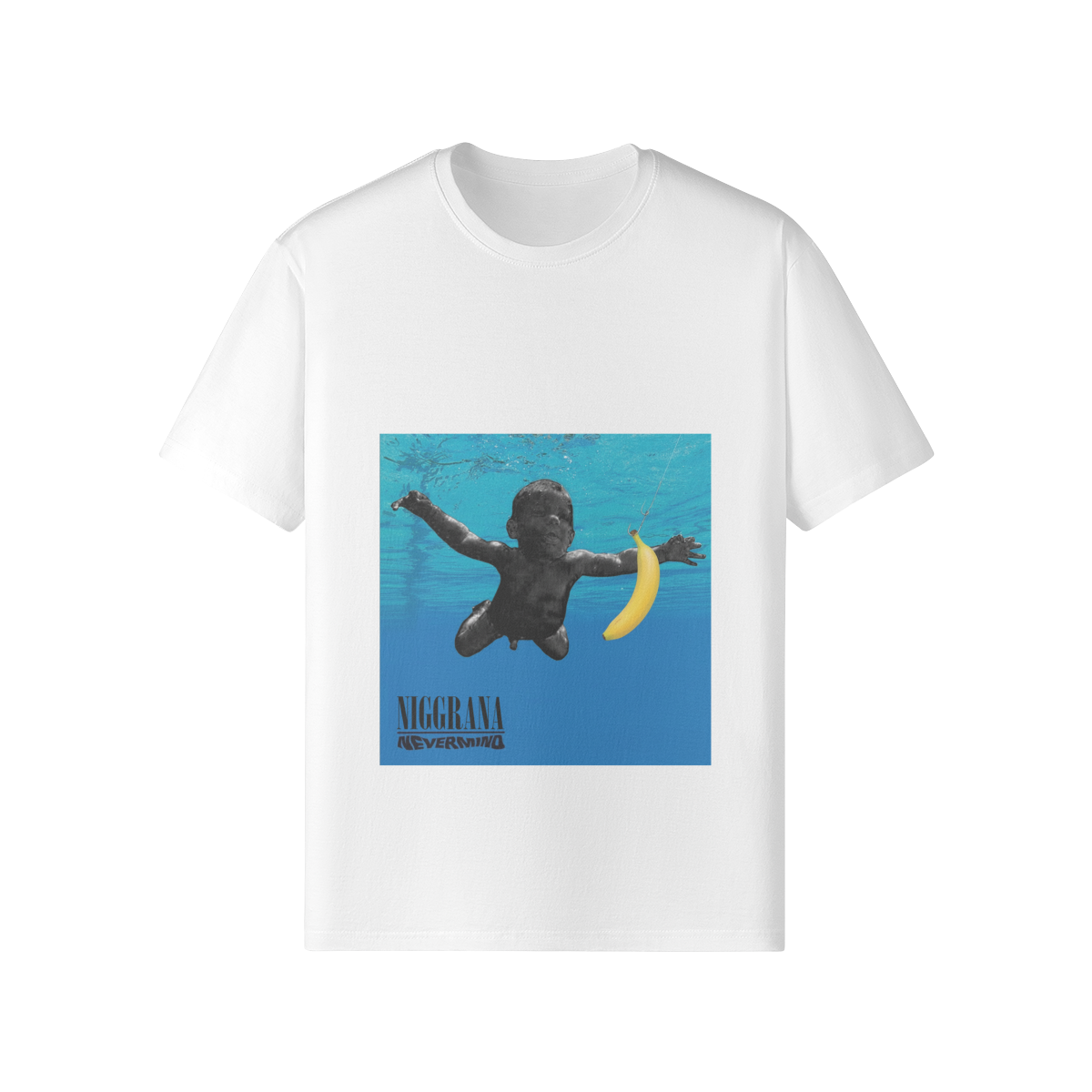 T-shirt bianca Noirvana Bananamind Edition con grafica ironica del bambino subacqueo e banana gialla, parodia pop cult - FreakyShirt