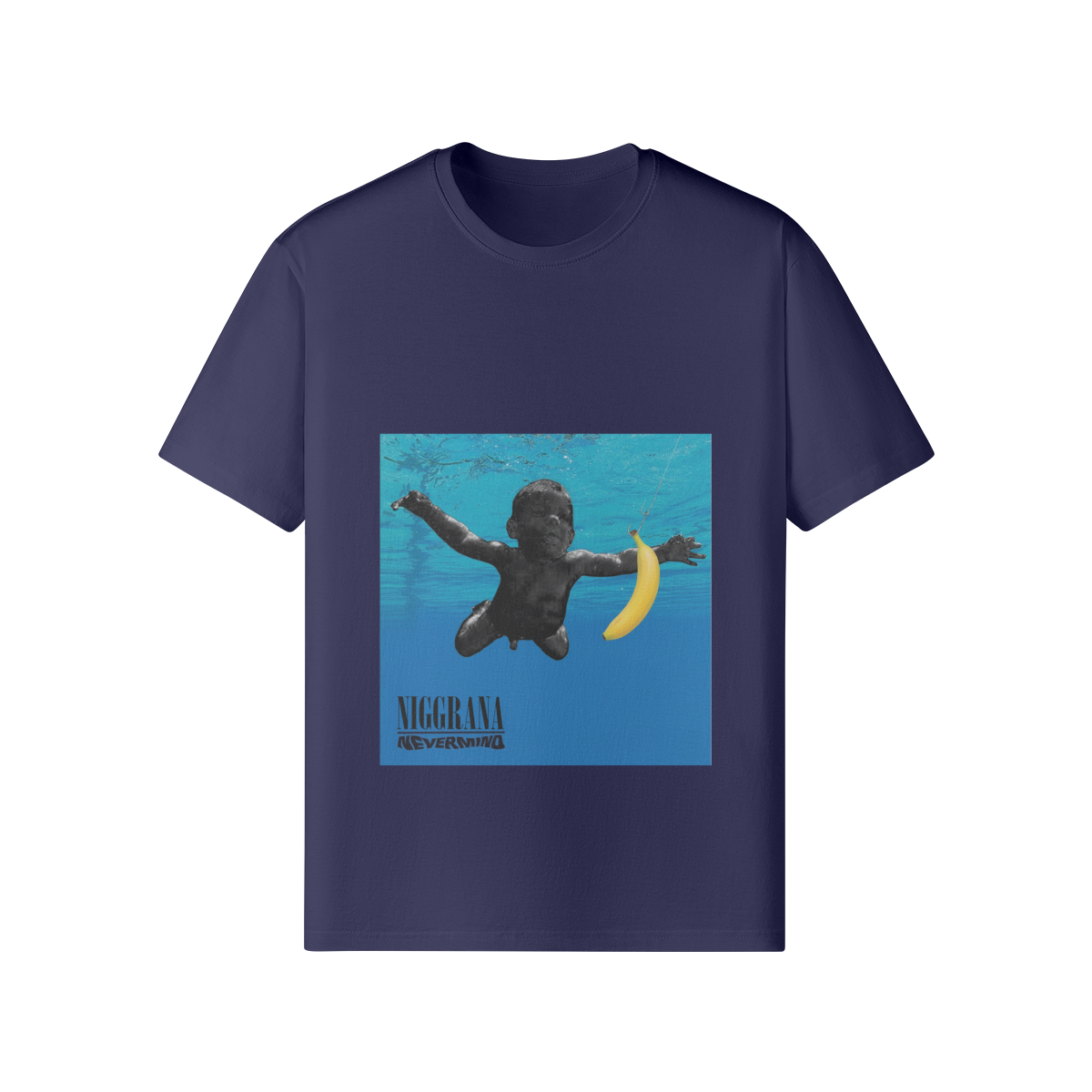 T-shirt blu navy Noirvana Bananamind Edition con grafica parodica, reinterpretazione musicale con banana gialla - FreakyShirt