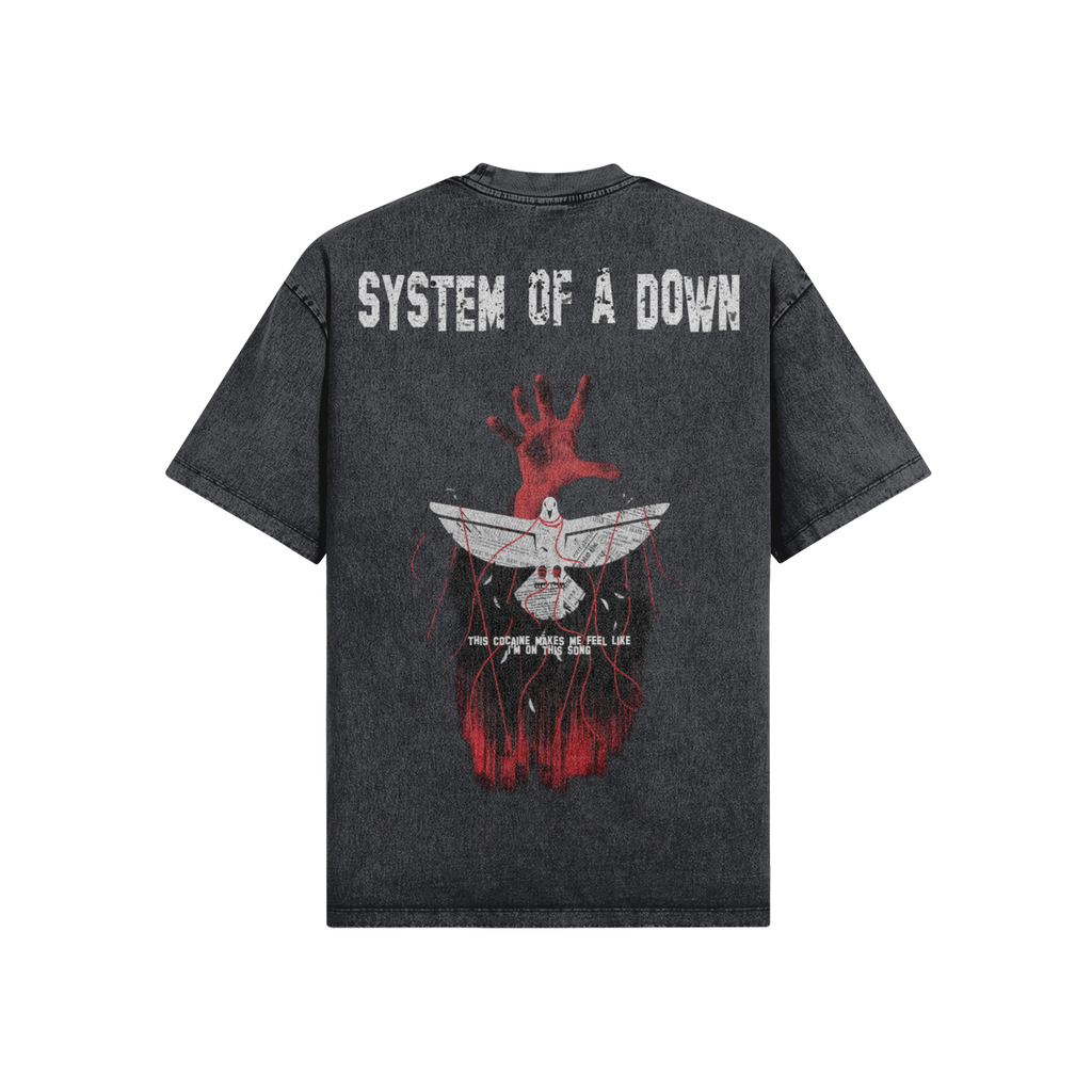 T-shirt nera System of a Down con stampa posteriore rossa e bianca vintage - FreakyShirt