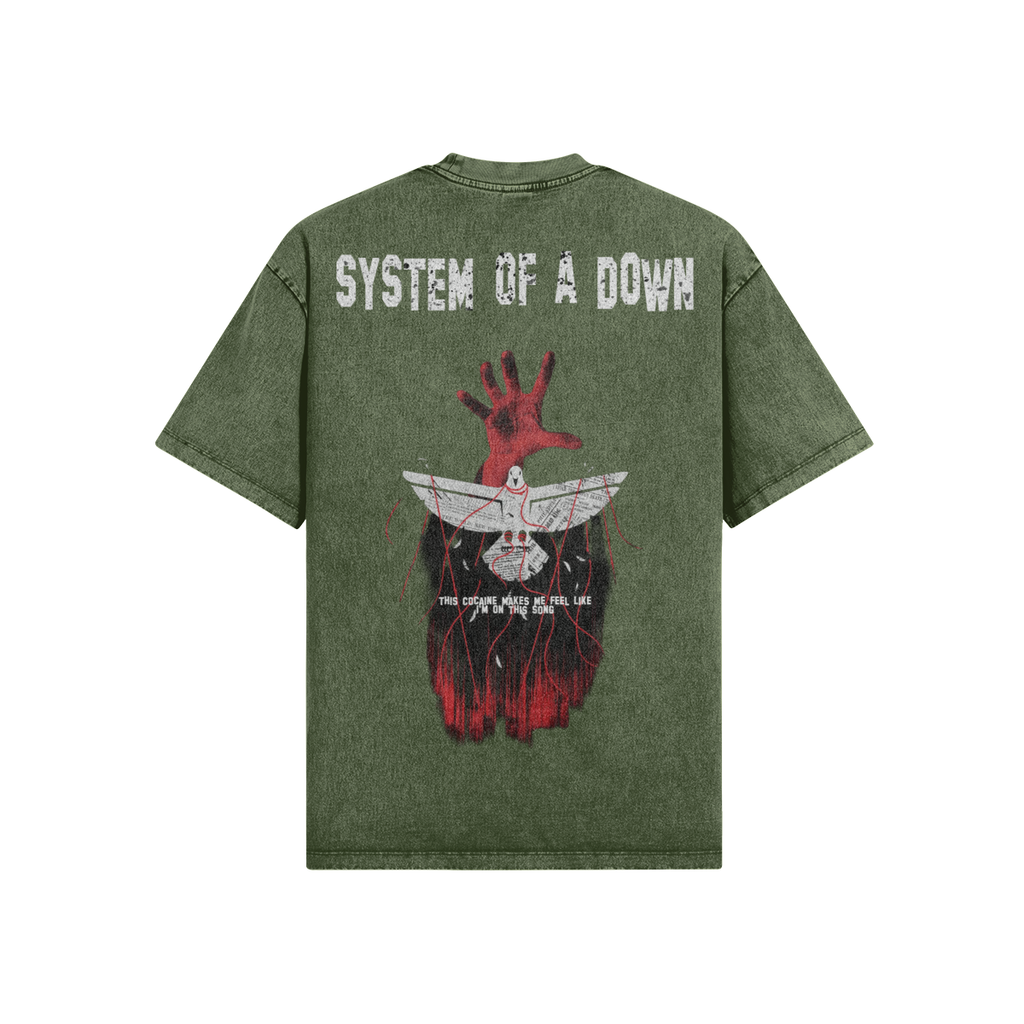 Retro maglietta System of a Down verde militare con grafica cult della mano e marionetta - FreakyShirt