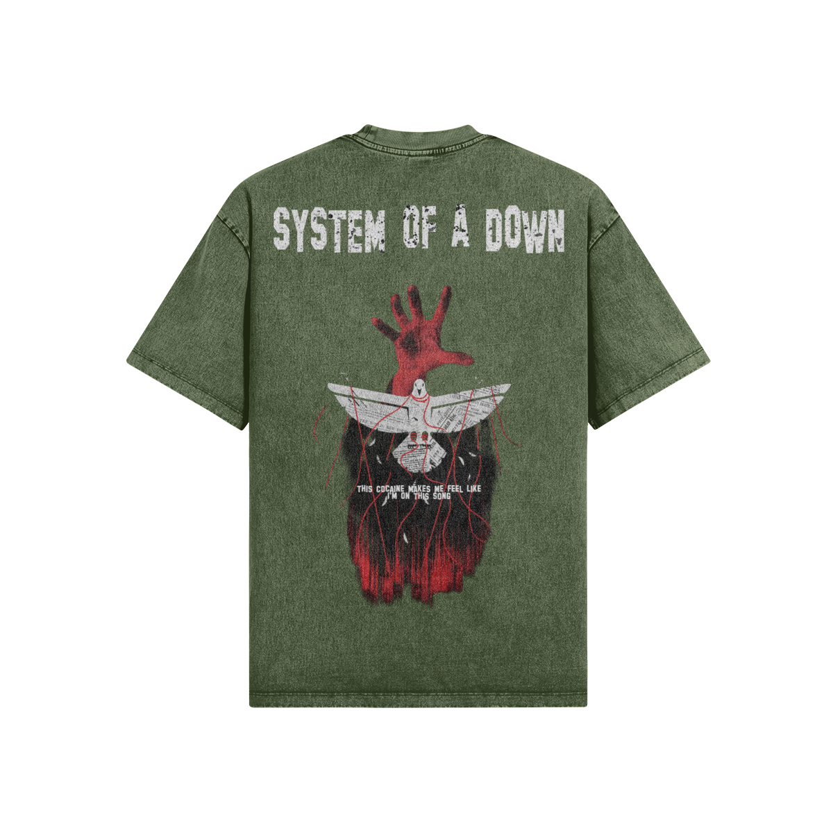 Retro maglietta System of a Down verde militare con grafica cult della mano e marionetta - FreakyShirt