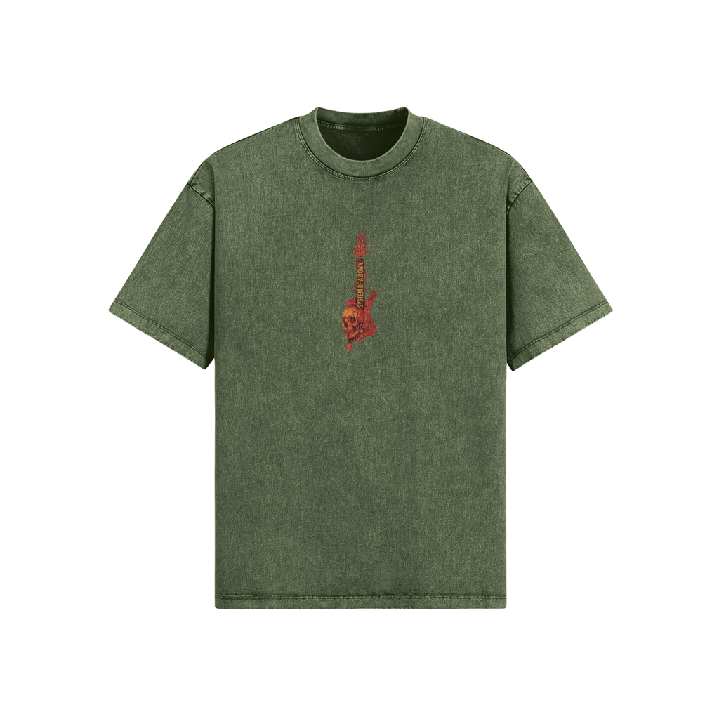 T-shirt System of a Down verde militare, chitarra con teschio stampata sul fronte - FreakyShirt