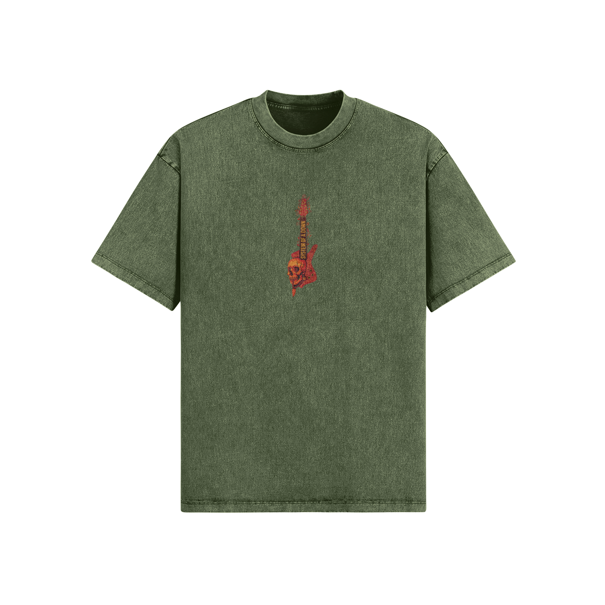 T-shirt System of a Down verde militare, chitarra con teschio stampata sul fronte - FreakyShirt